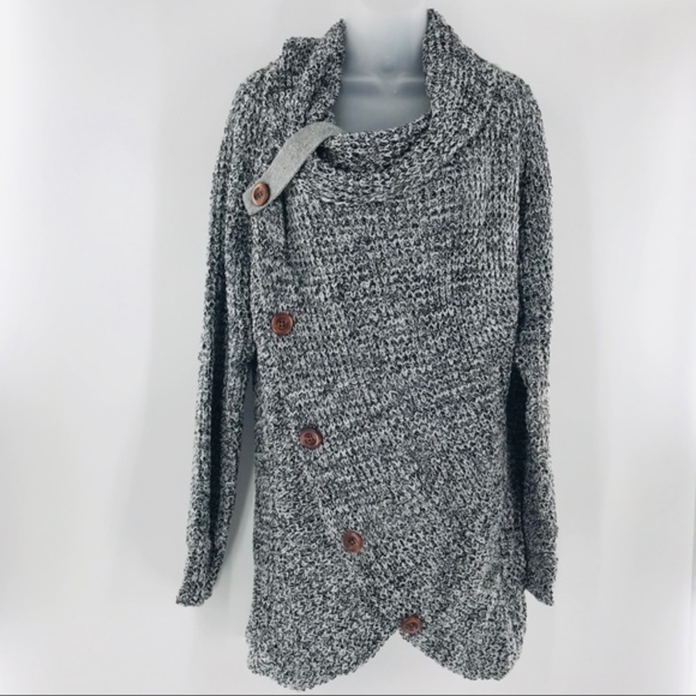 Heather Gray Buttoned Wrap Turtleneck Sweater
